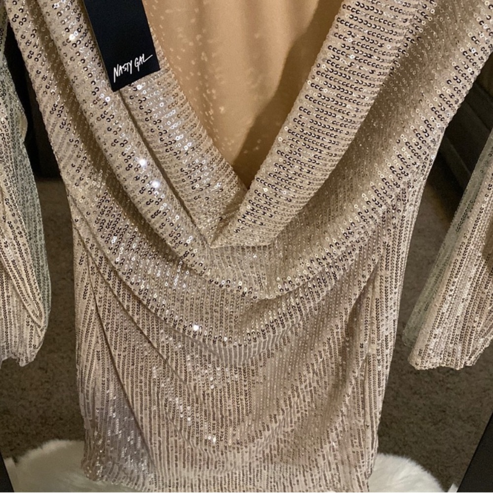 Nasty Gal, Sparkle dress, open back, gold, tan, super soft inside & NWT